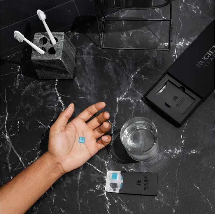 rugiet ready comounded erectile dysfunction medication packaging mint melt lifestyle dark 1