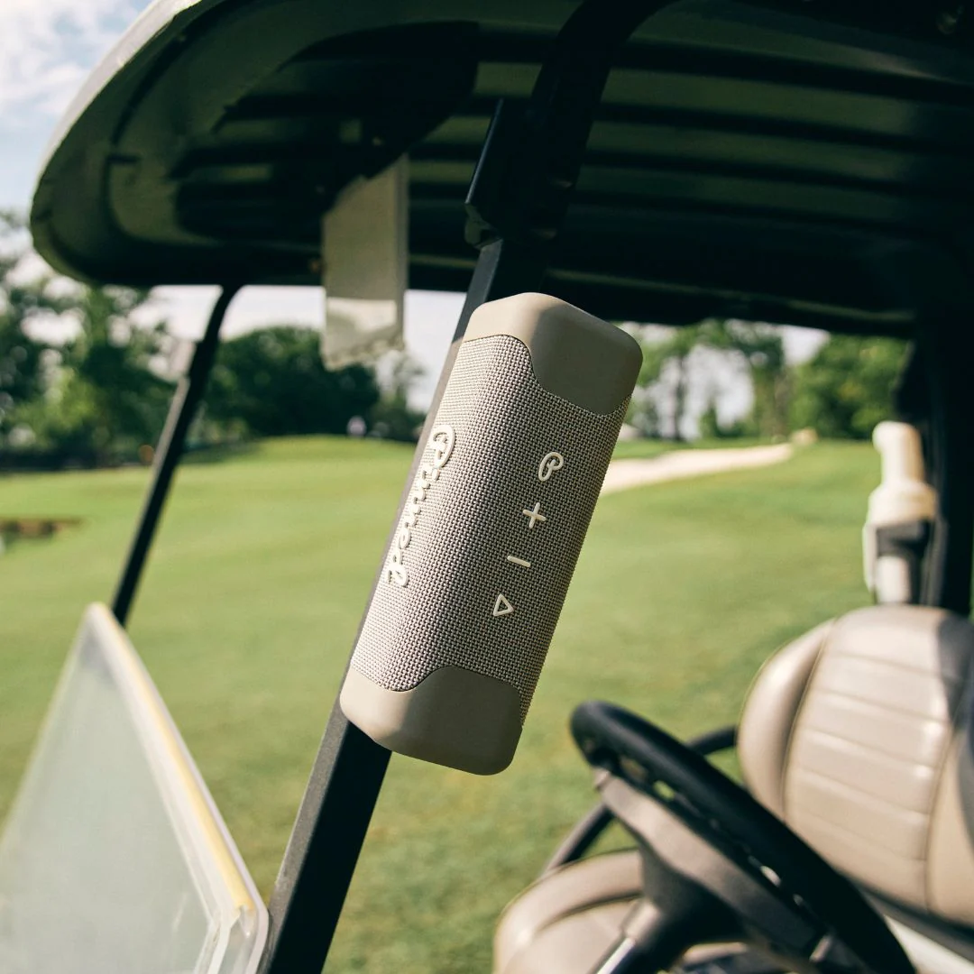grey pinned golf speaker on a golf cart grey pinned golf speaker on a golf cart