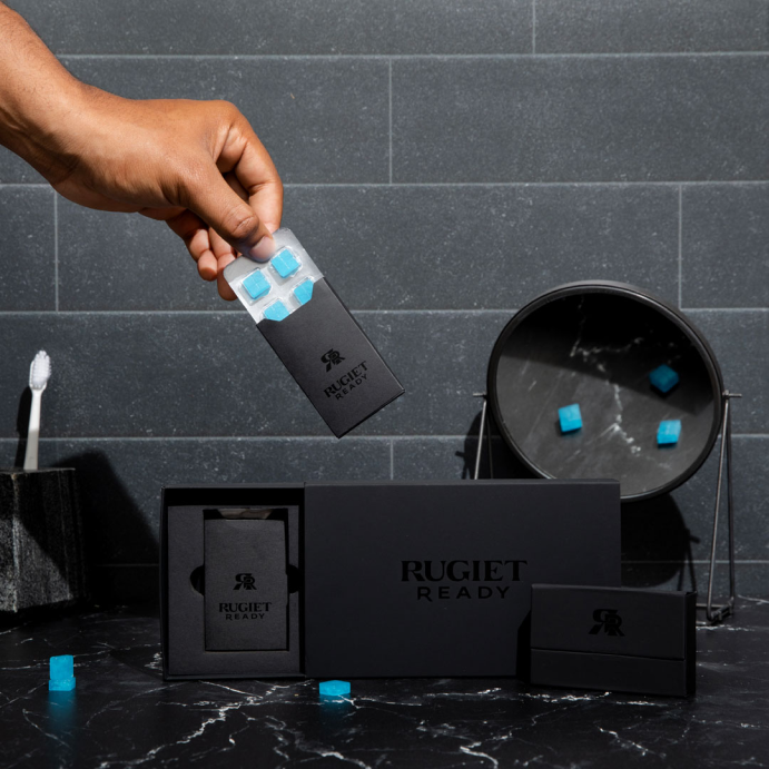 rugiet ready comounded erectile dysfunction medication packaging full lifestyle dark bathroom 1