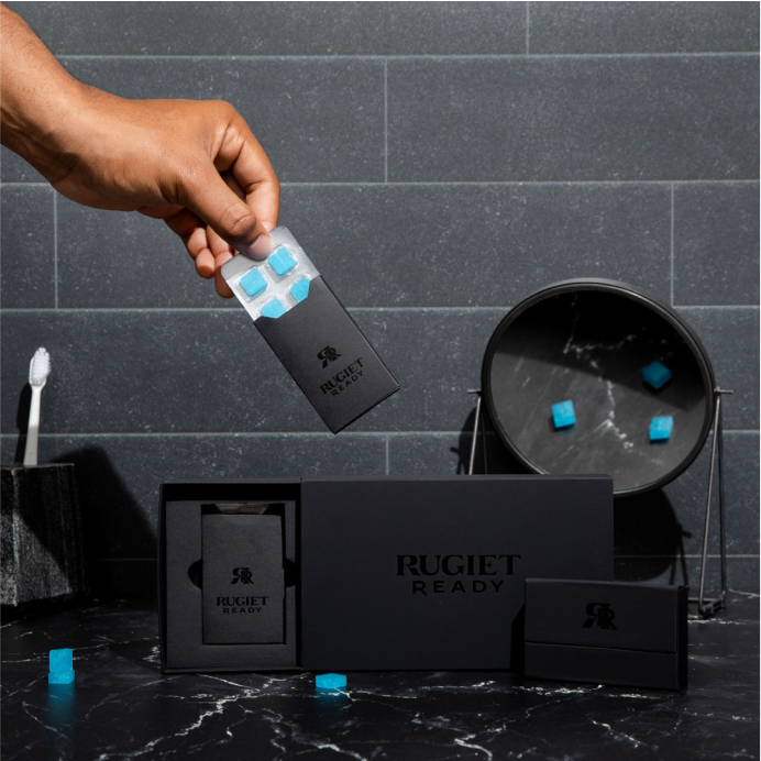 rugiet ready comounded erectile dysfunction medication packaging full lifestyle dark bathroom 1