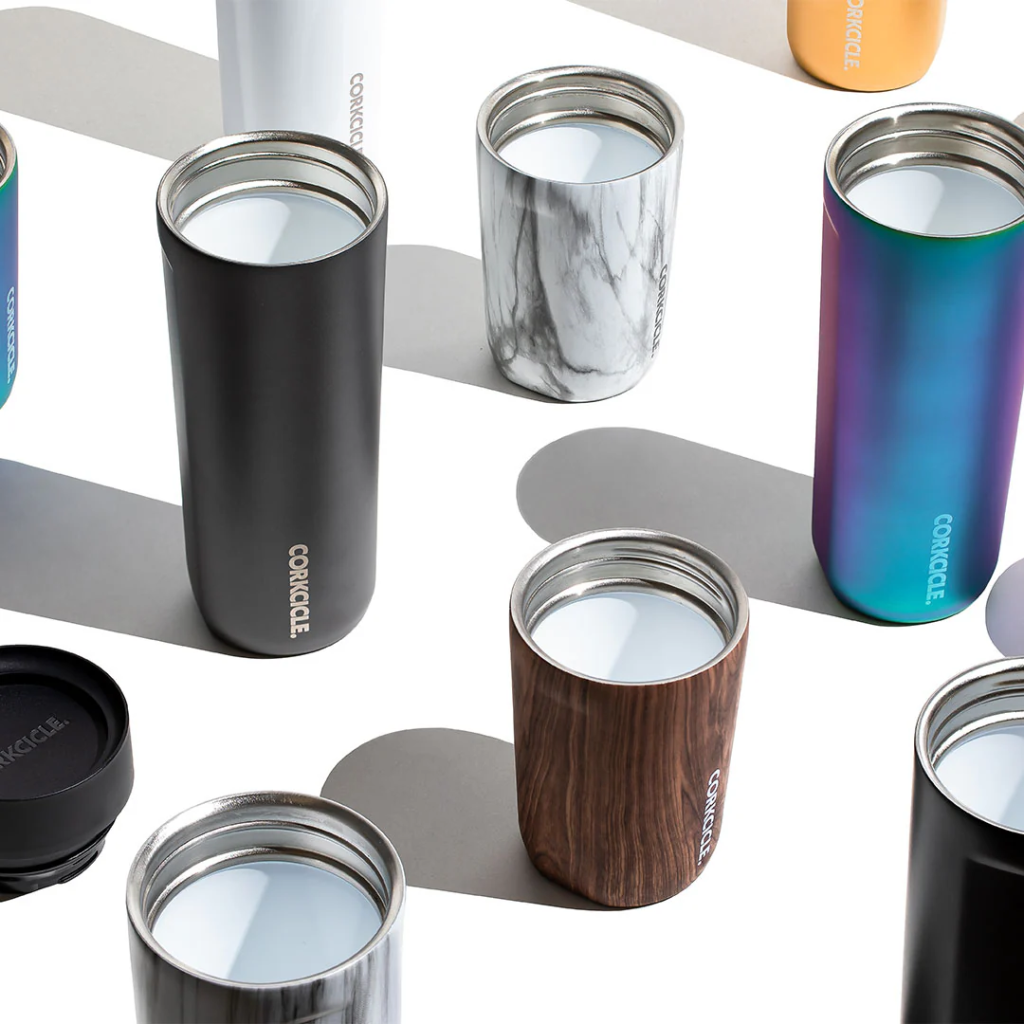 corkcicle commuter cups with a white background