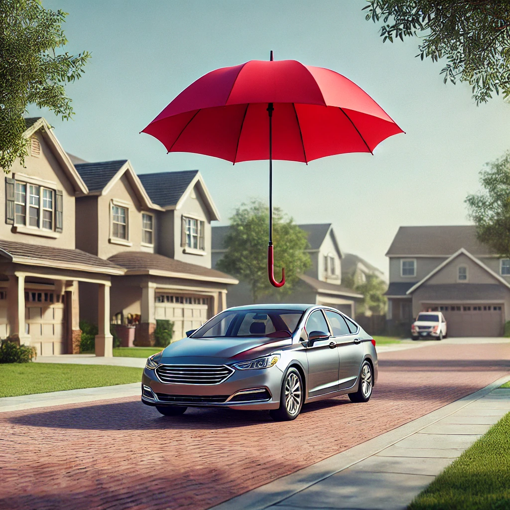 dalle 2024 09 12 084512 a realistic image of a red umbrella floating above a car in a suburban neighborhood showing the front of the vehicle the car is a midsize sedan par