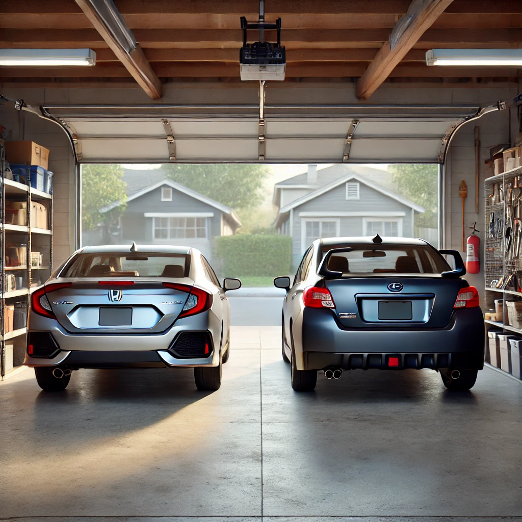 dalle 2024 09 12 084113 a realistic view from inside a house garage showing the back of two average cars parked side by side a honda civic and a subaru sedan the honda civi