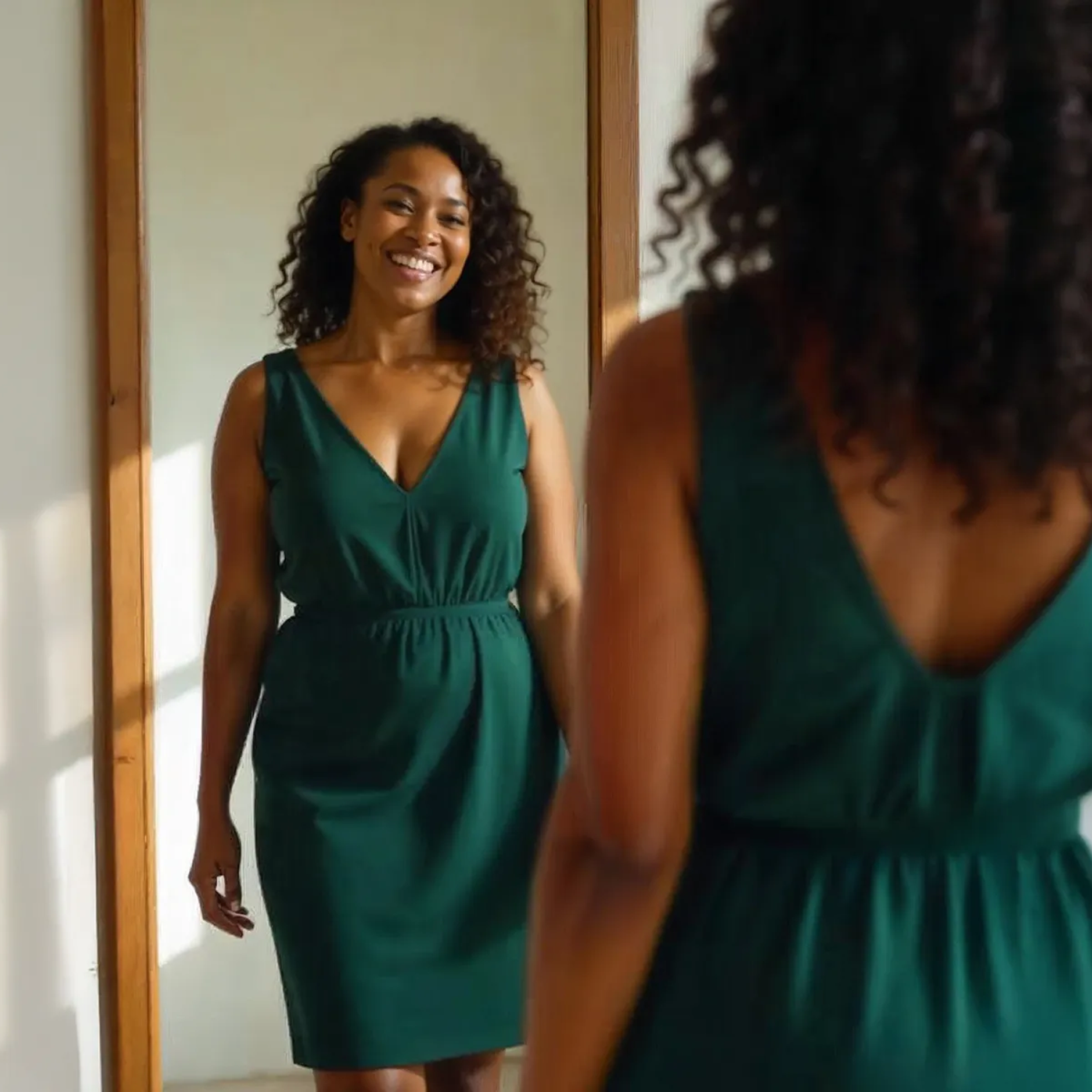Woman smiling at her reflection in a mirror