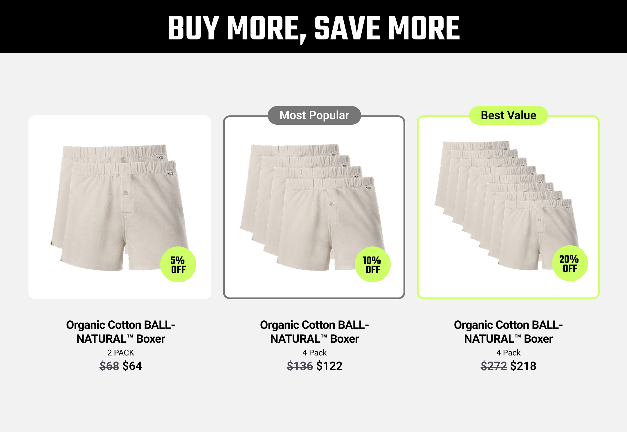 Buy More, Save More graphic featuring NADS BALL-NATURAL Boxers