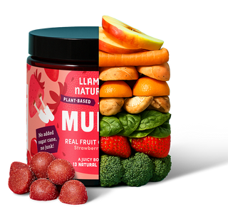 Container labeled 'Llama Nature' with a stack of fruits and vegetables on a white background