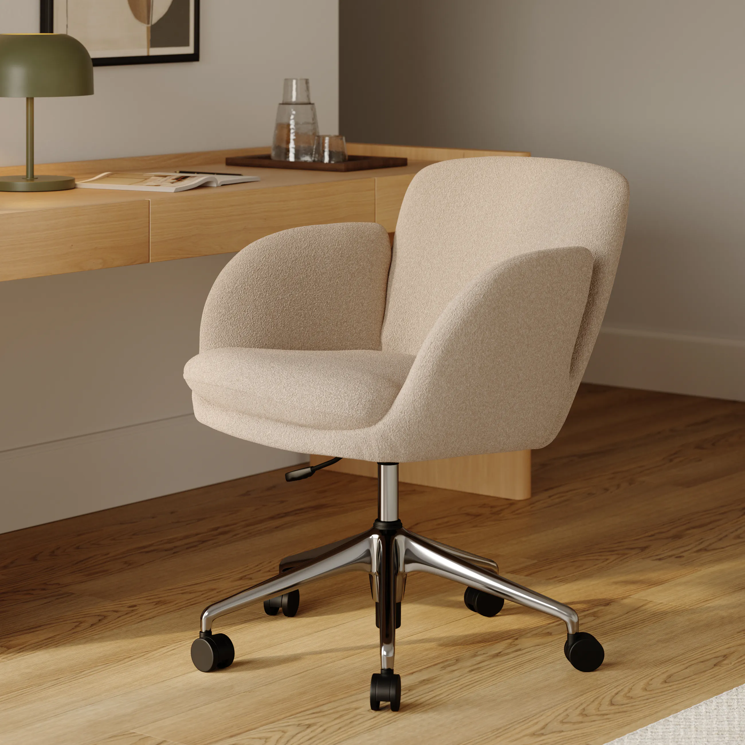 Beige office chair on wheels in a home office setting