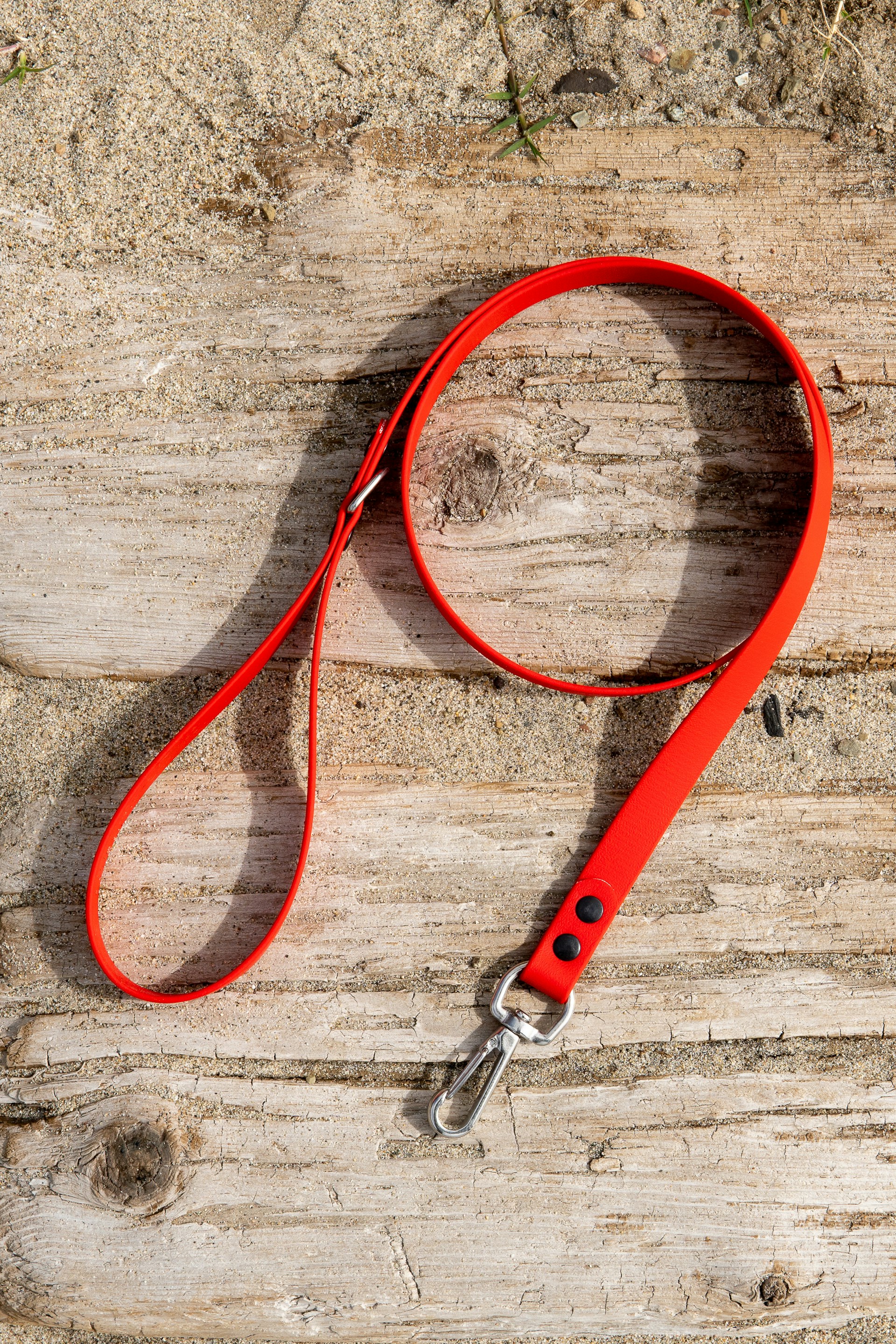 Red dog leash on a wooden surface with sand