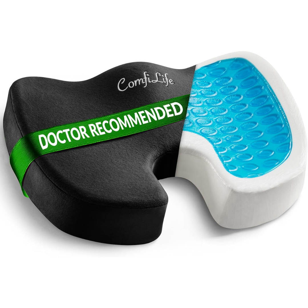 Orthopedic seat cushion with gel layer and doctor recommended label
