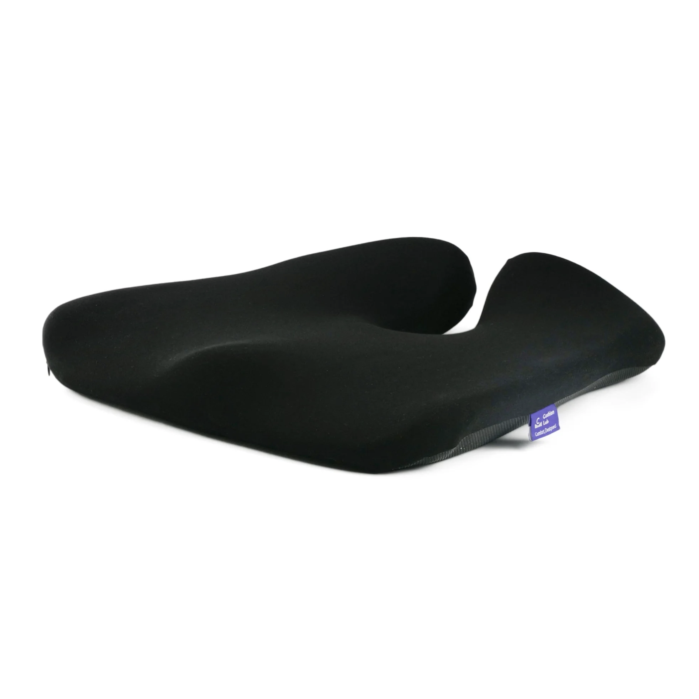 Black ergonomic seat cushion with a contoured design