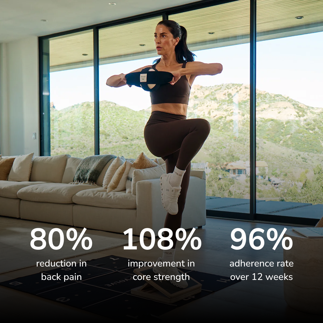 Woman exercising indoors with Pvolve equipment showing improvement stats
