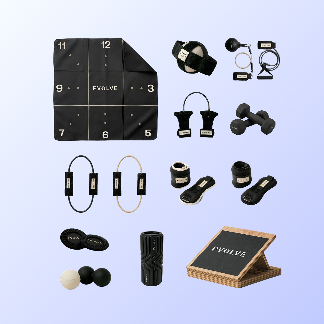 Collection of P.volve fitness equipment on a light blue background