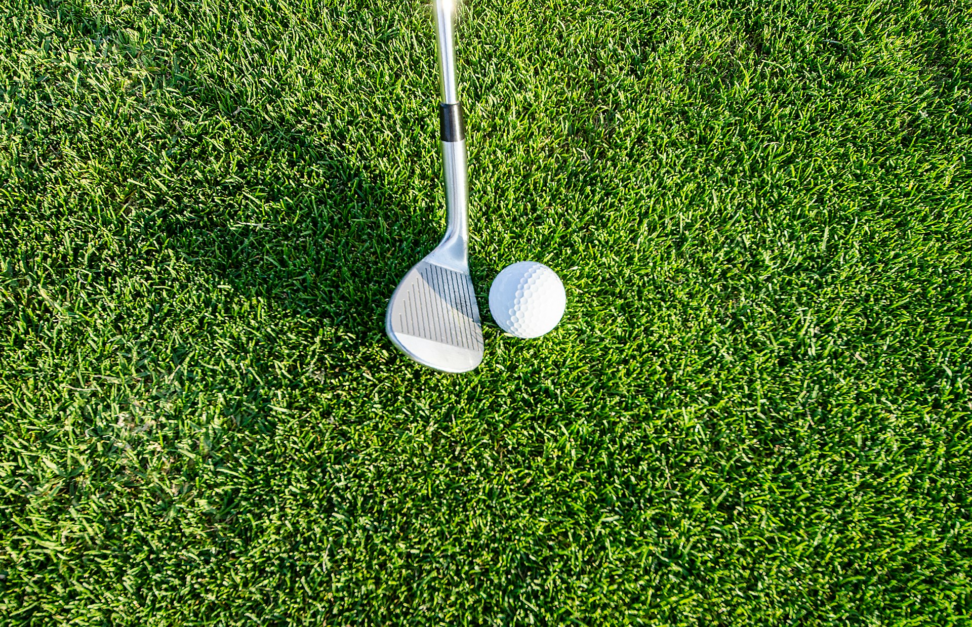 Golf club and ball on green grass