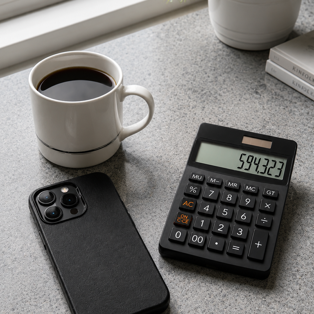 Calculator displaying a number next to a smartphone and coffee cup