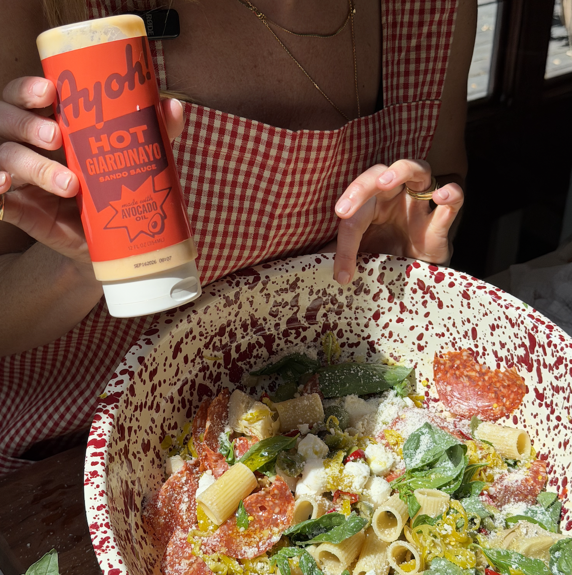 Italian pasta salad made with Ayoh Hot Giardinayo and loaded with color and flavor
