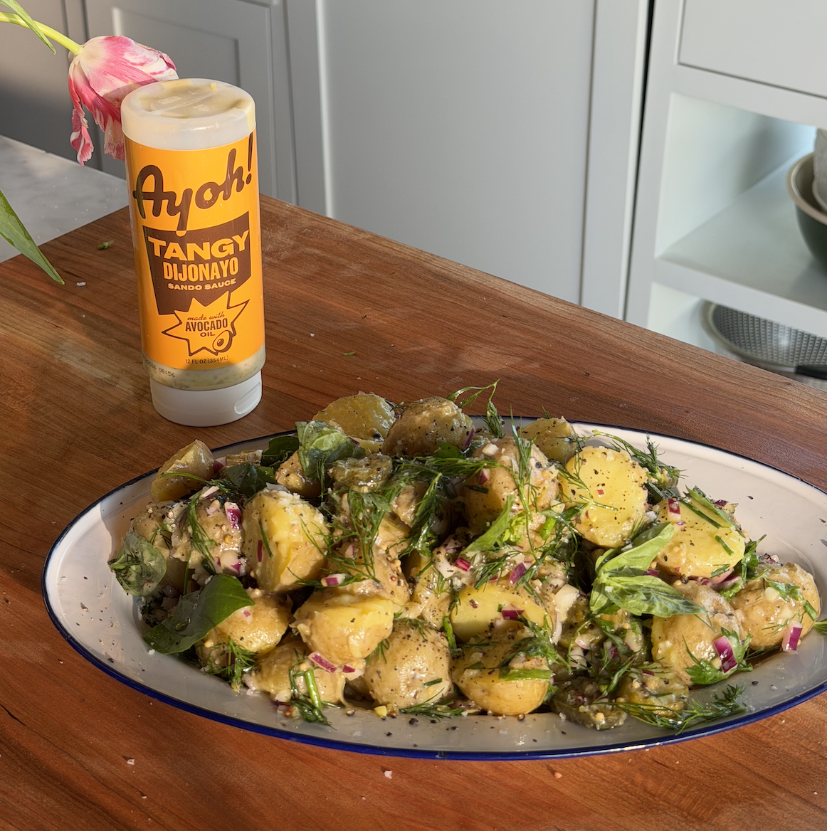 A stunning bowl of potato salad made with Ayoh Tangy Dijonayo