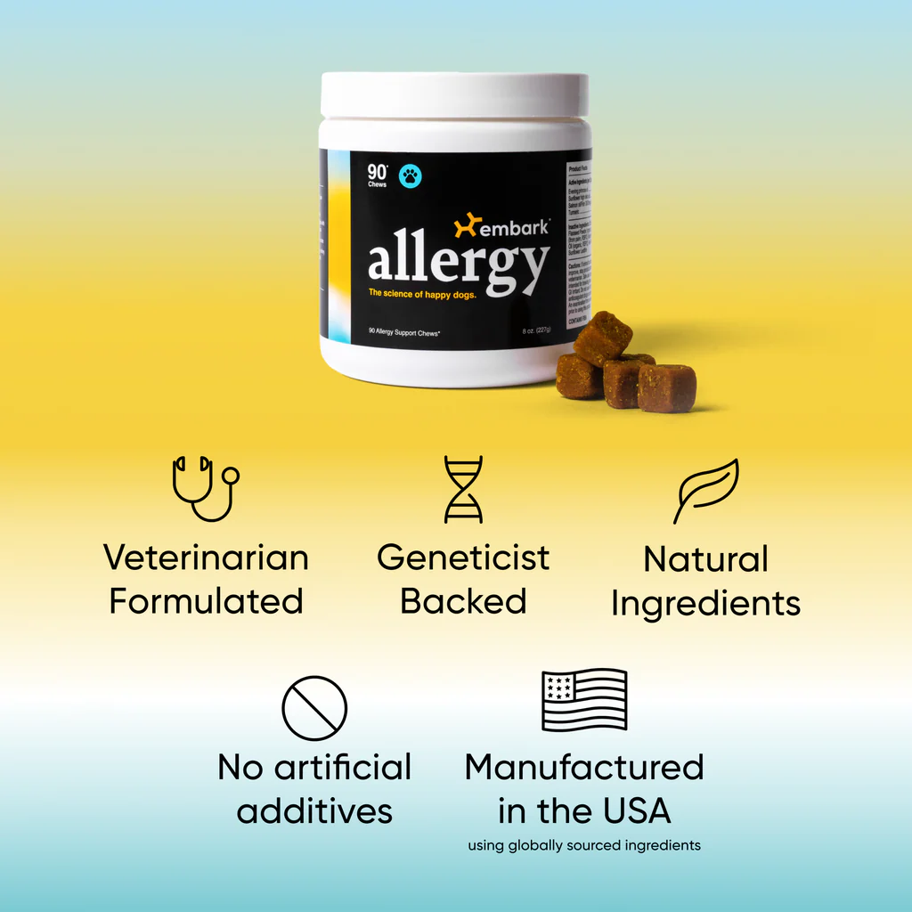 Embark Allergy Supplement for Dogs Embark allergy supplement for dogs with features shown: vet formulated, no artificial additives, geneticist backed, natural ingredients