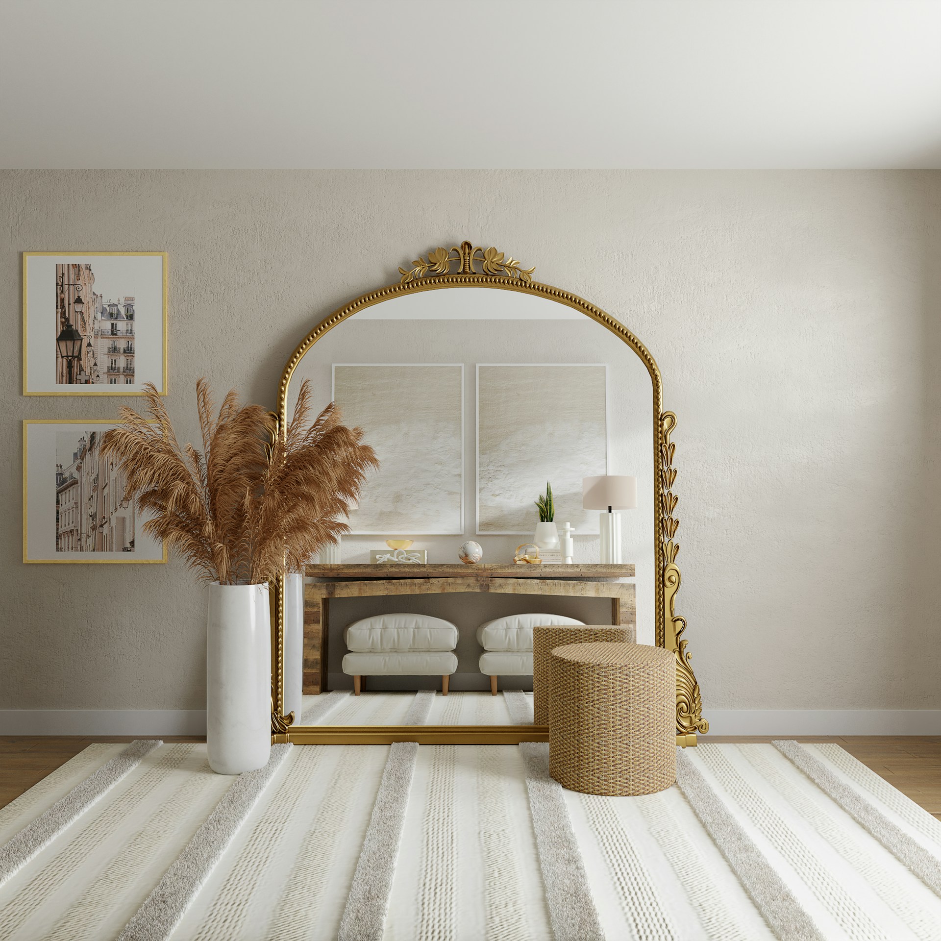 Elegant living room with large ornate mirror and modern decor
