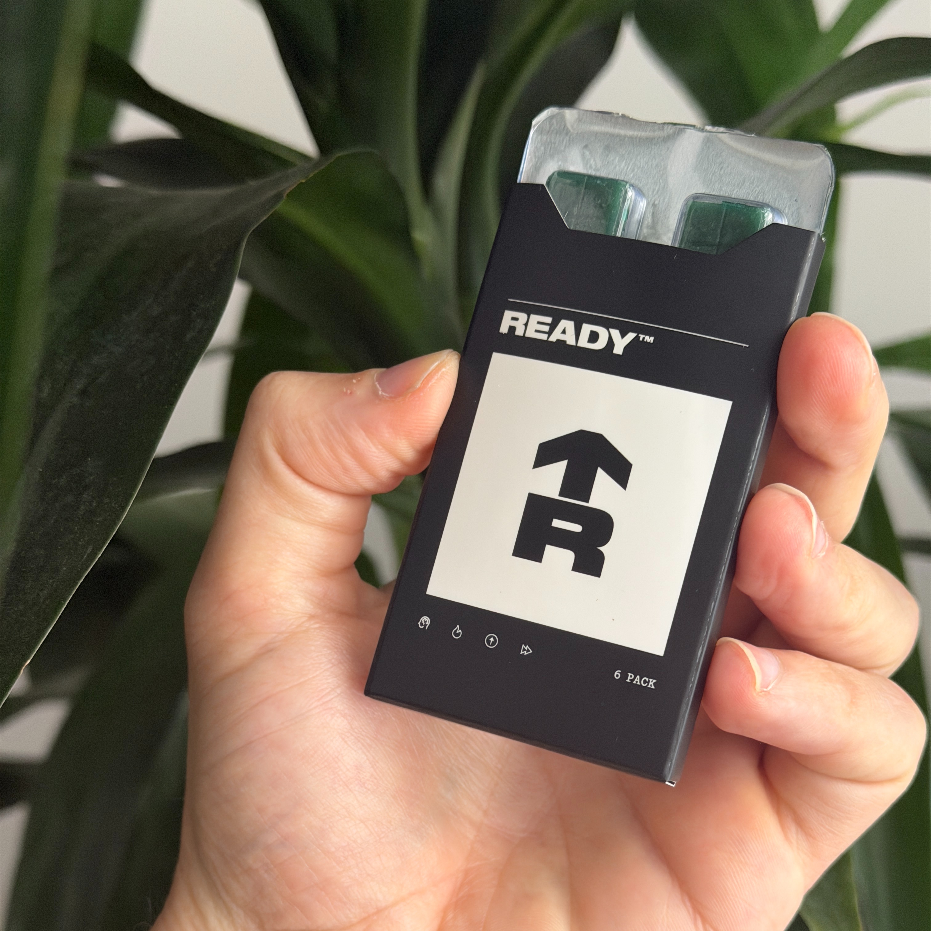 A hand holding a package of Rugiet Ready&reg; near a potted plant