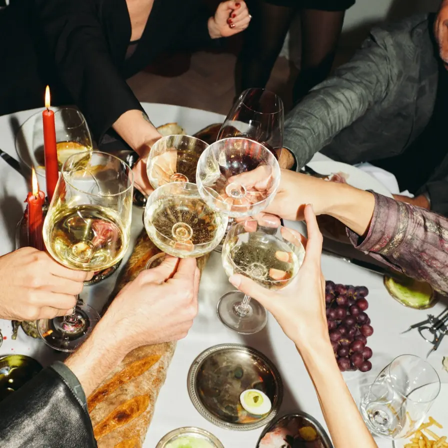 Group of people toasting with wine glasses at a dinner table