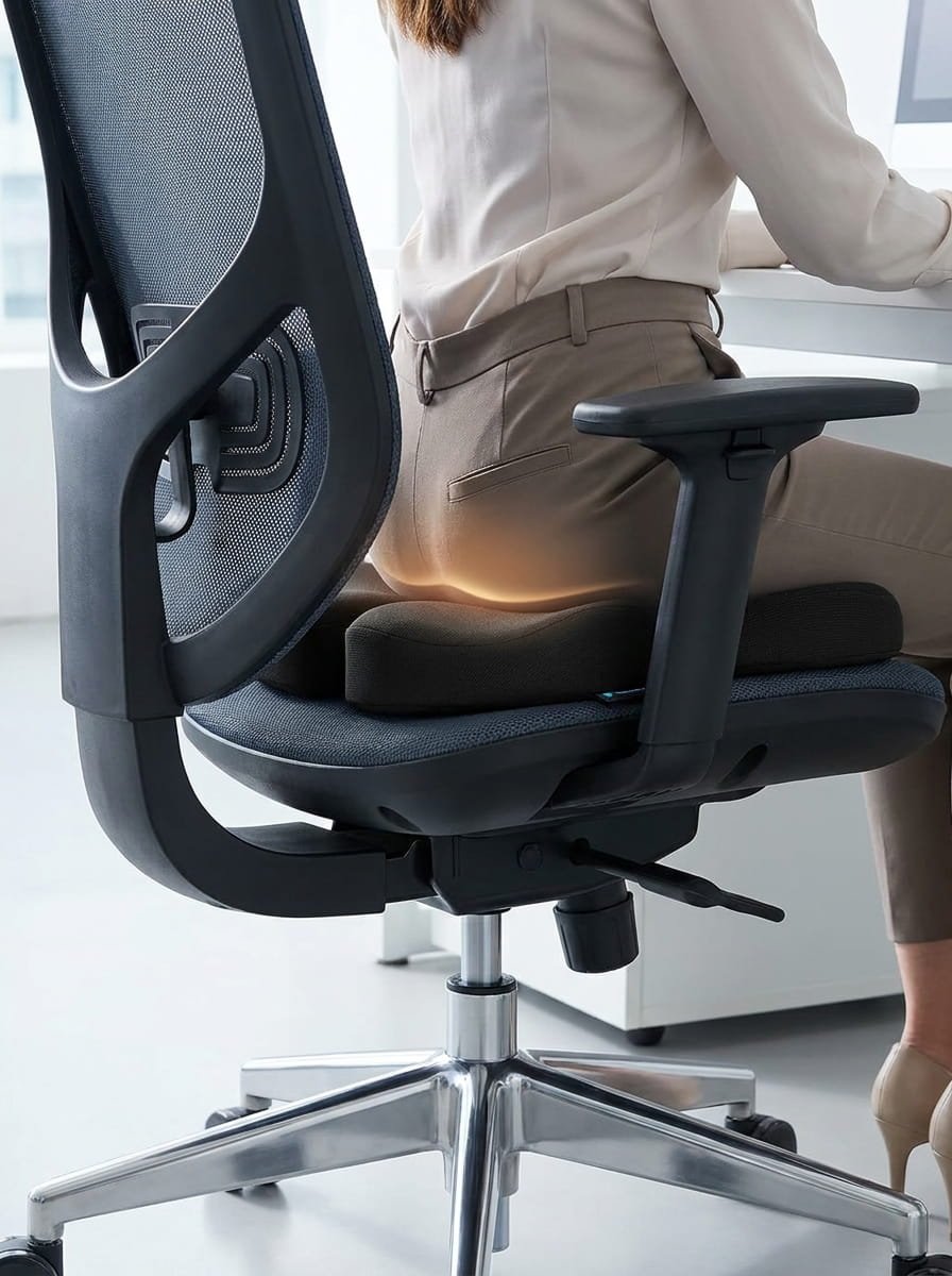 Person sitting on an ergonomic office chair with a cushion