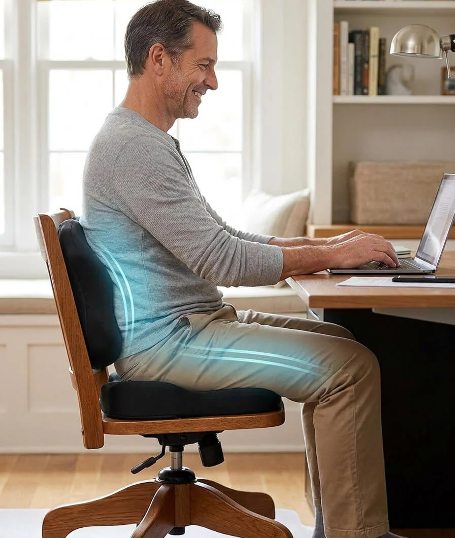 Man sitting at a desk with ergonomic posture support