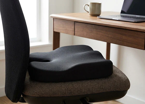 Ergonomic seat cushion on an office chair next to a desk