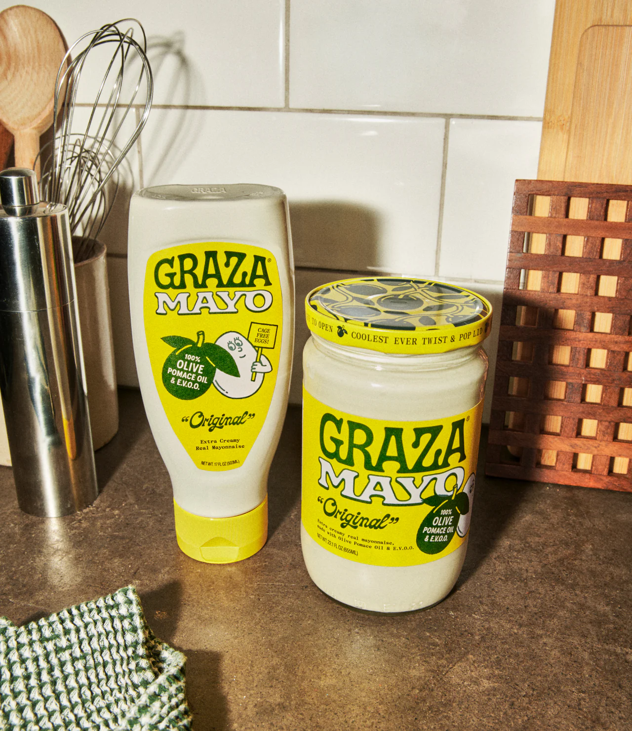 Graza Mayo bottles on a kitchen counter