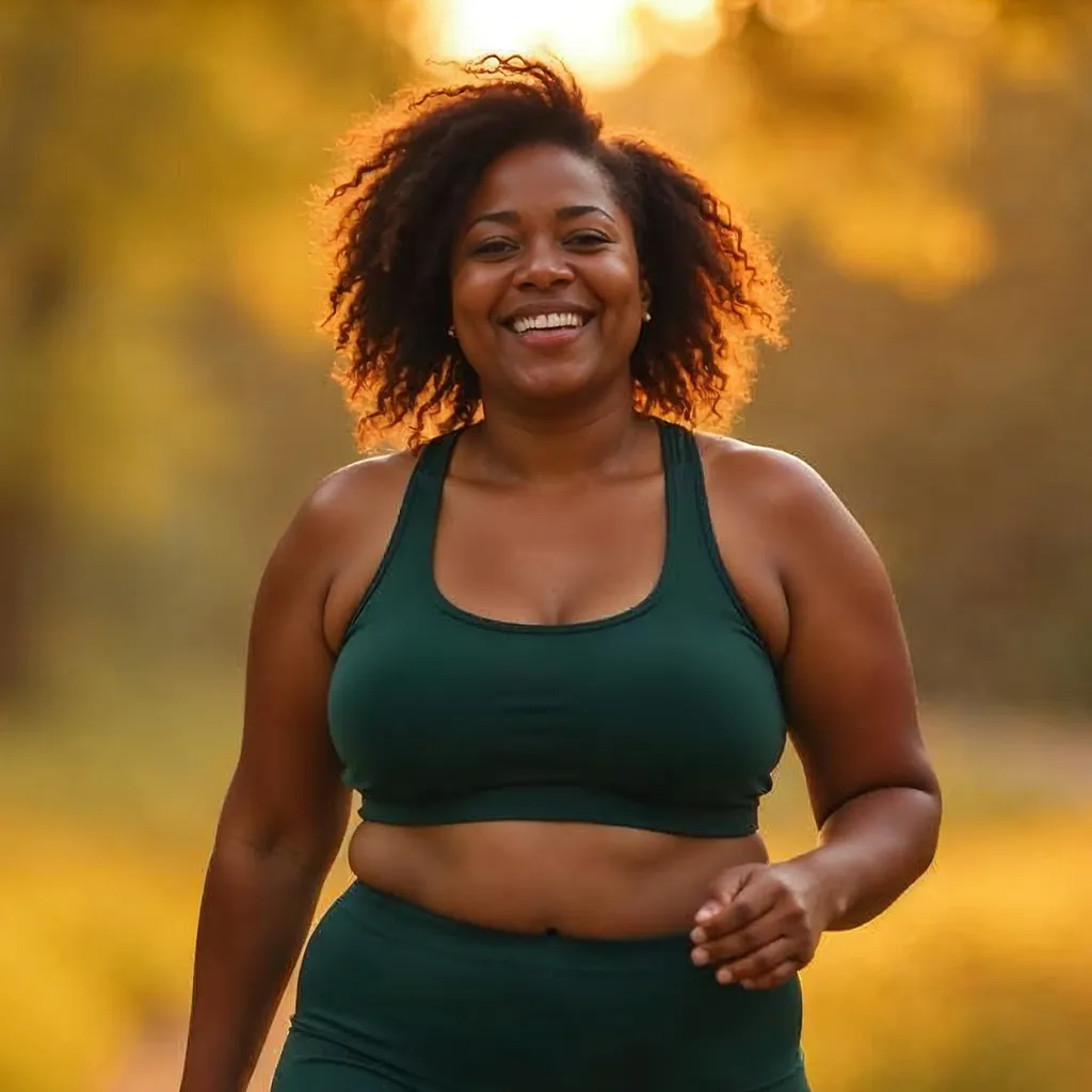 A woman outside wearing workout clothes smiling as she walks