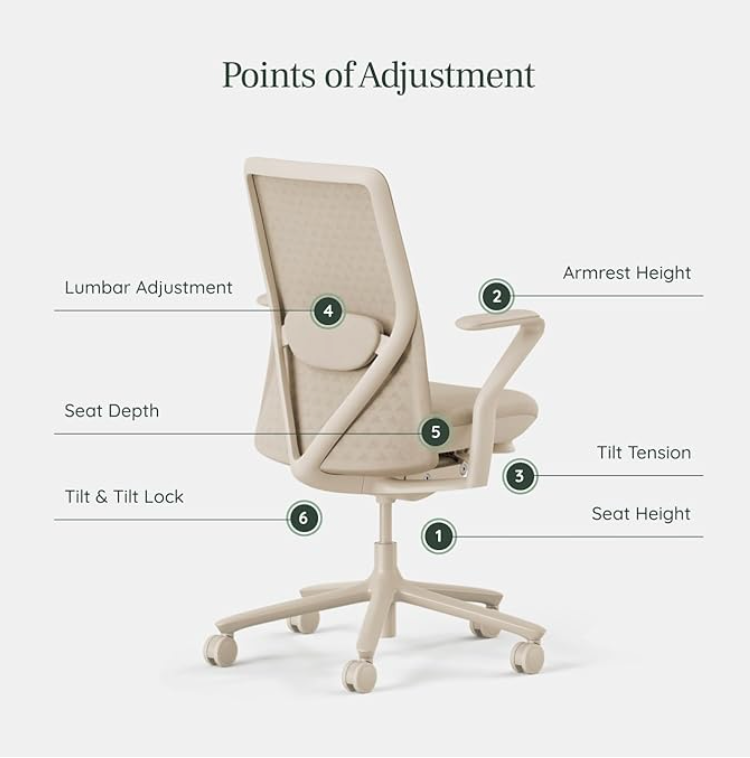 Verve Chair with labeled adjustment points