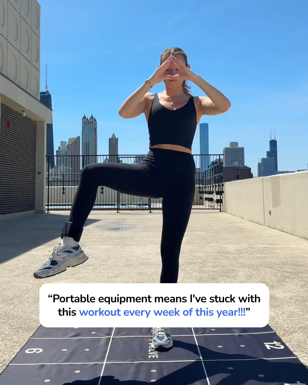 Woman standing on a roof on top of a PVOLVE mat, exercising
