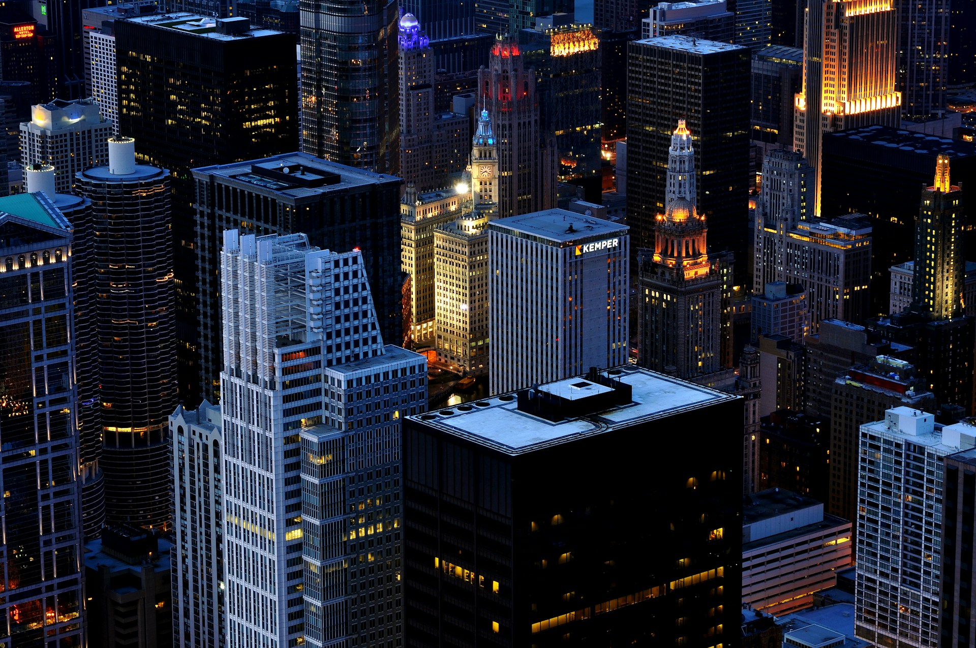 Aerial view of illuminated skyscrapers in Chicago at night
