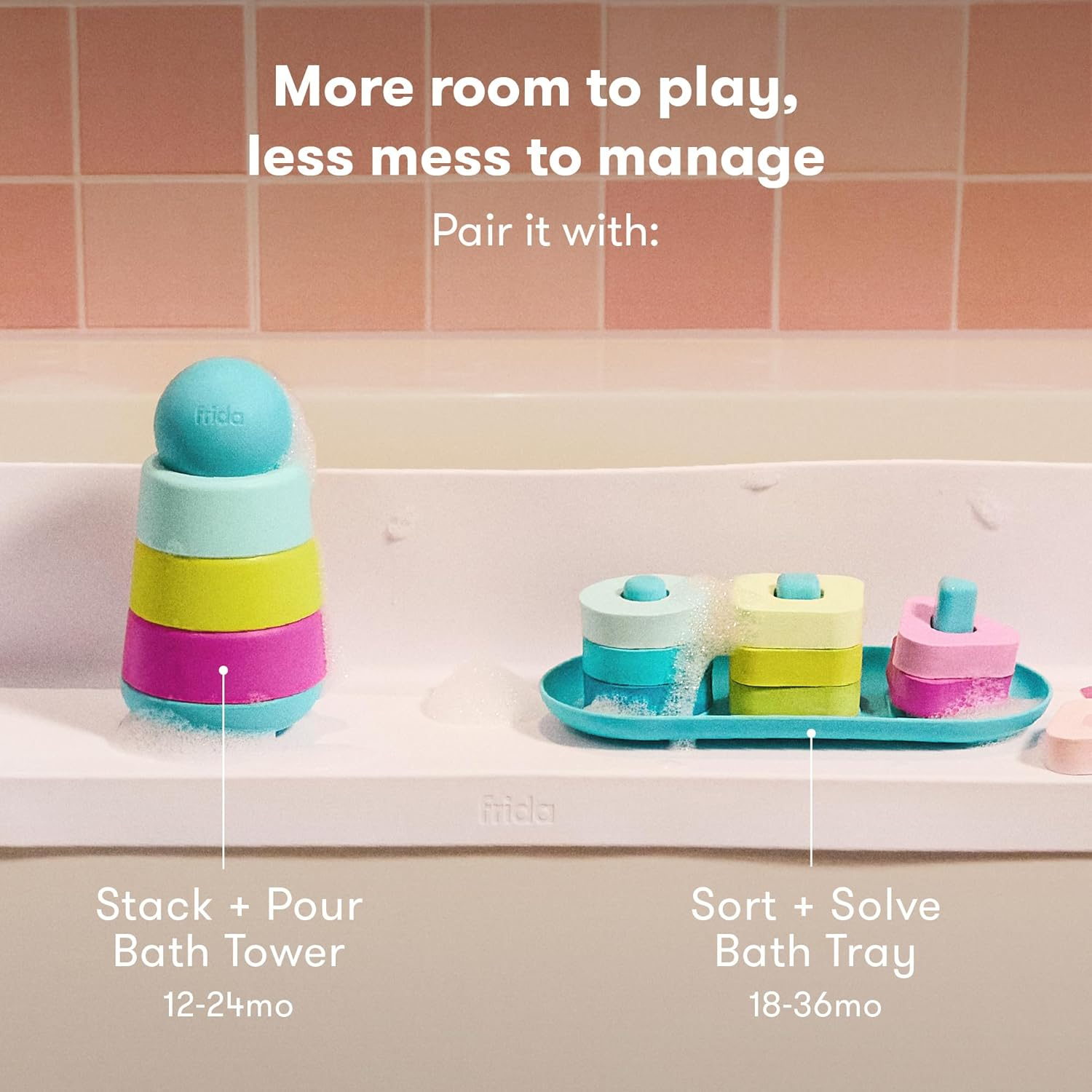 Frida Splash Shelf holding the Stack + Pour Bath Tower and Sort + Solve Tray bath toys