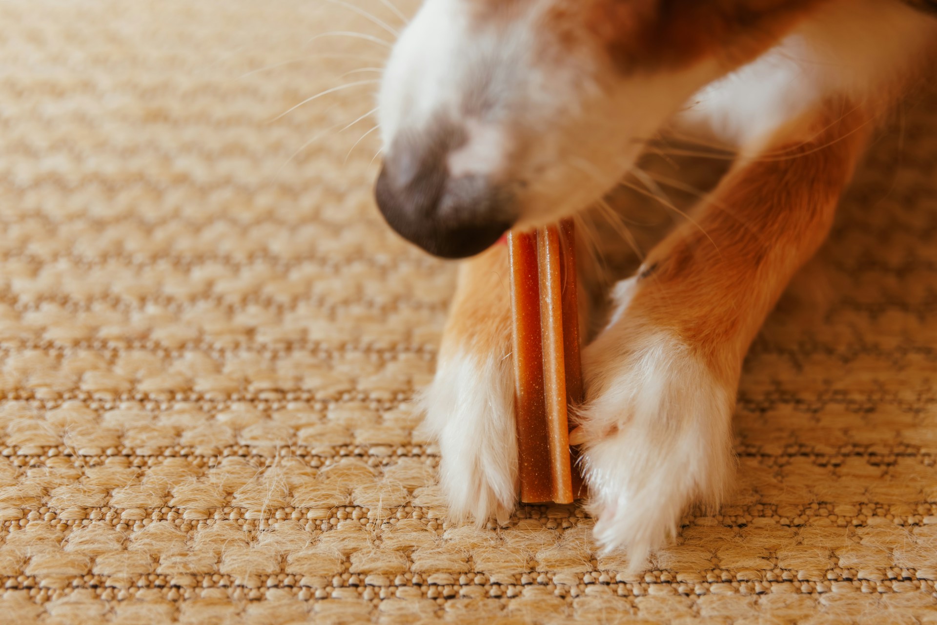 Close up of a dog eating a treat on a mat