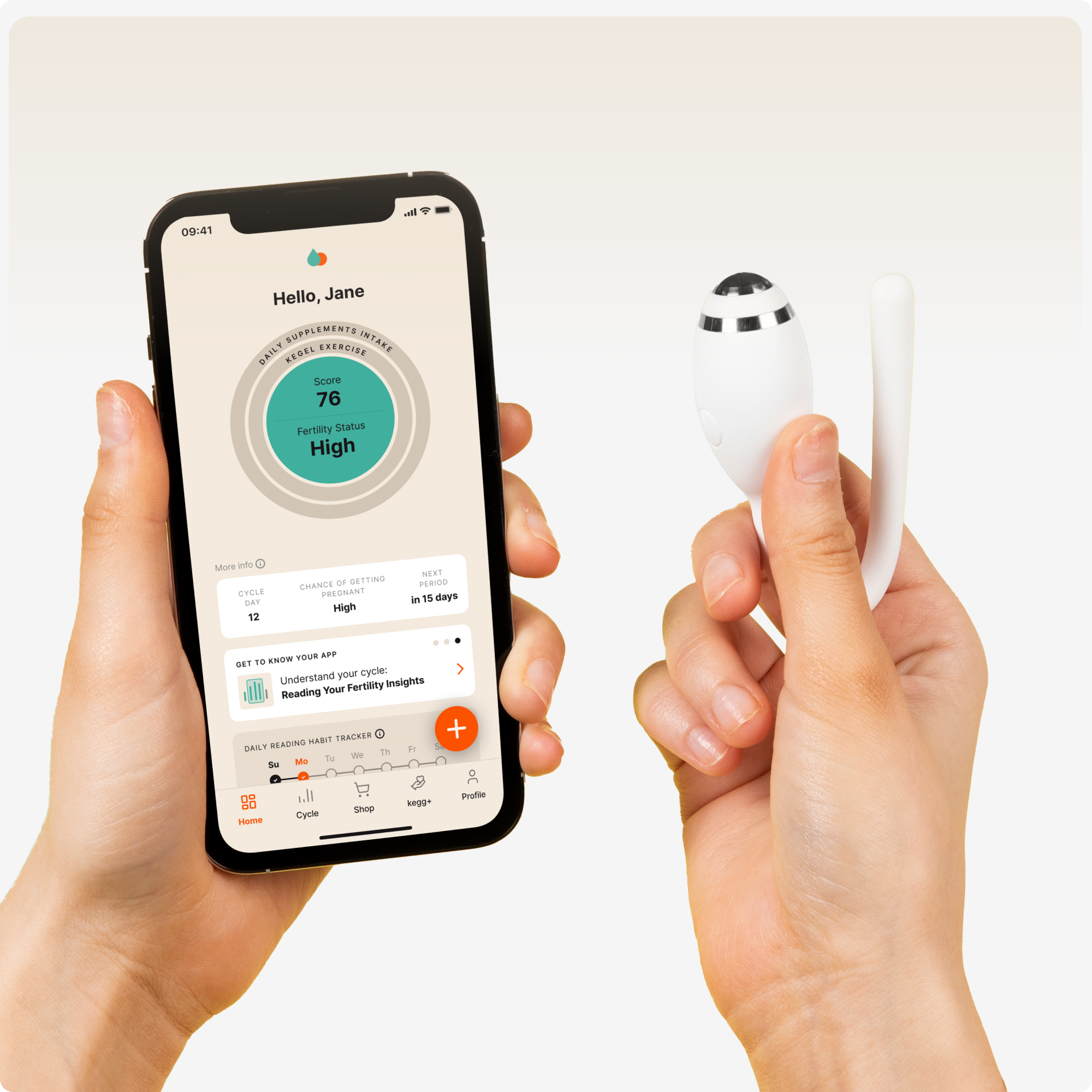 Hands holding a smartphone with a fertility app and a small device