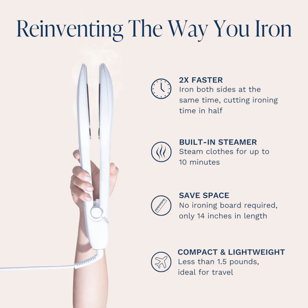 Hand holding Nori Press, citing 2x faster than ironing, built-in steamer, lightweight, space-saving design