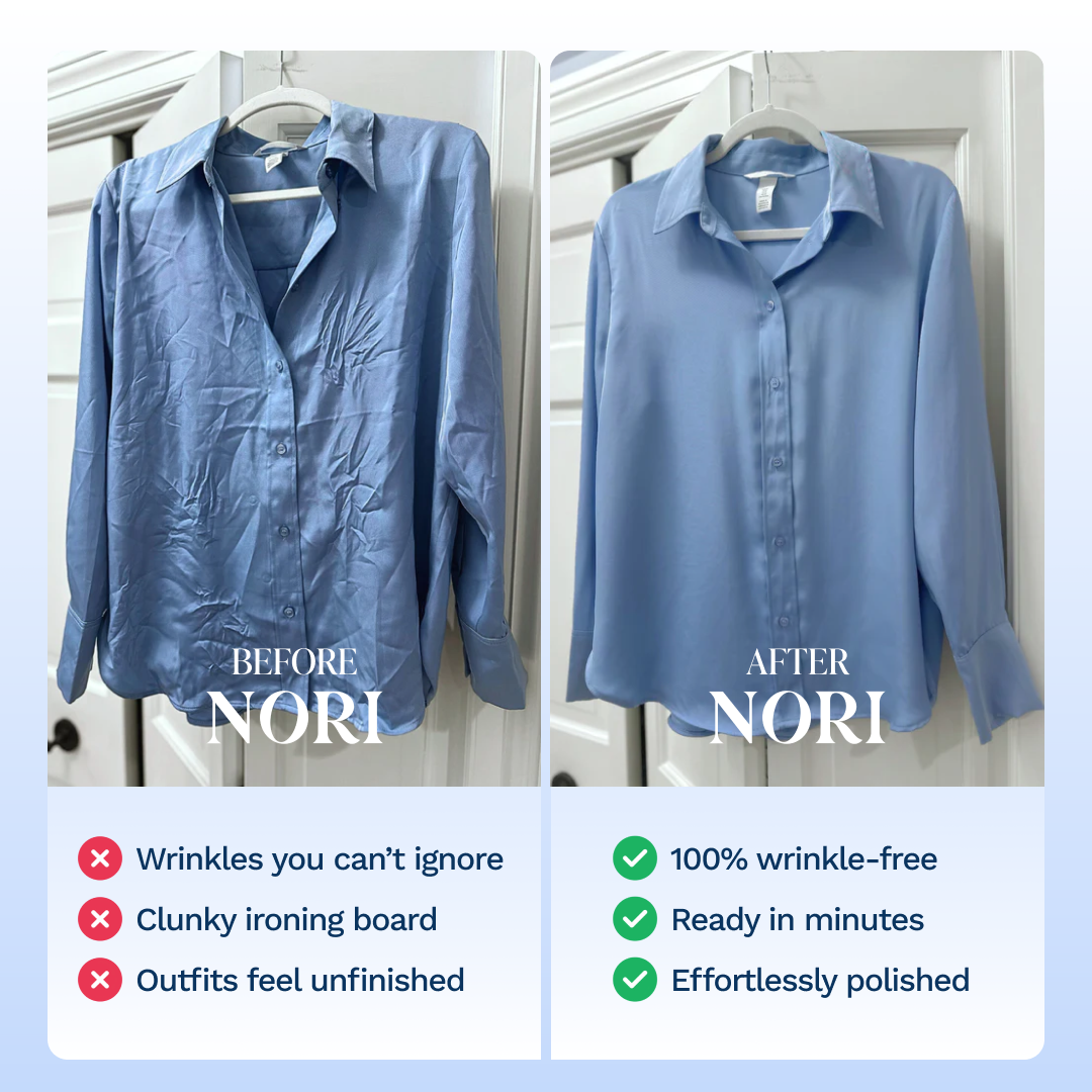 A blue shirt before and after using a Nori press, showing wrinkle removal.