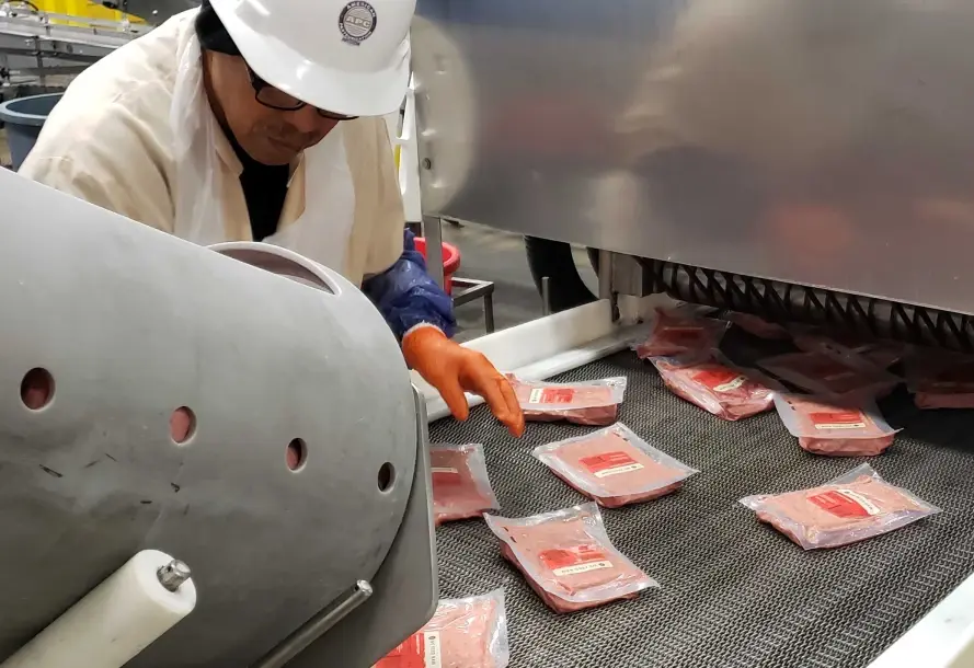 A man inspects We Feed Raw dog food on an assembly line