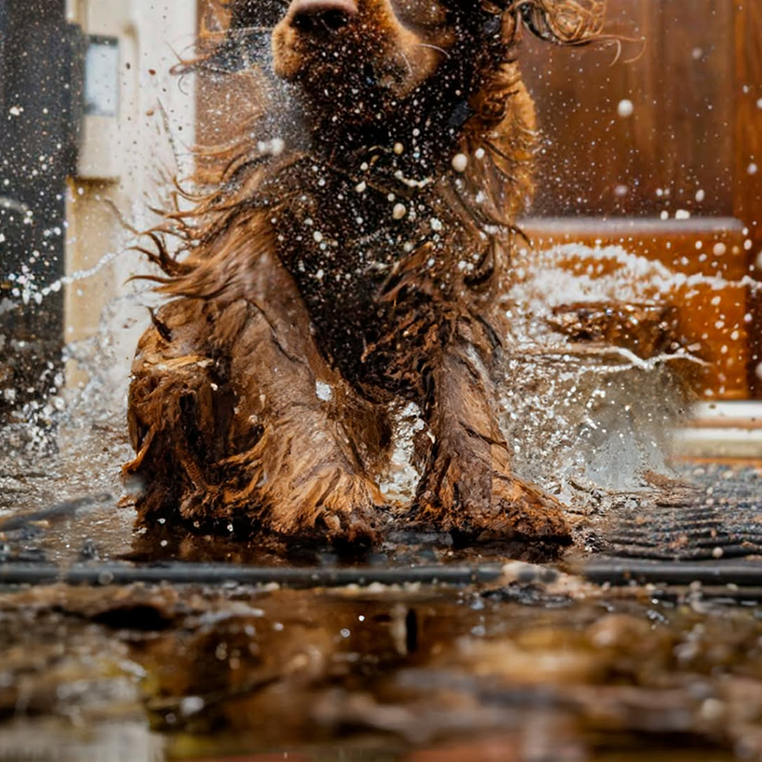 Shaking Off Rain on a WaterHog Mat Dog shaking off rain water, while standing on a WaterHog mat