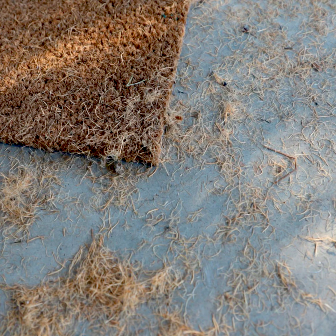 Natural Fiber Doormat Shedding A natural fiber doormat sheds fibers onto a concrete floor