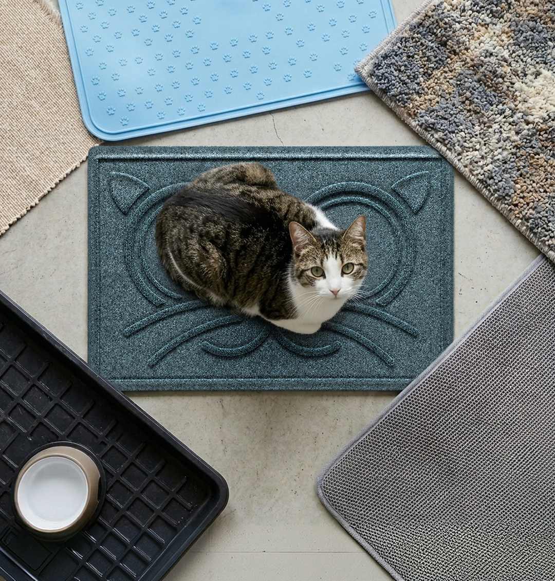 Cat on WaterHog Kitty Face Bowl Mat A cat sits on a WaterHog mat surrounded by various other mats and a bowl.