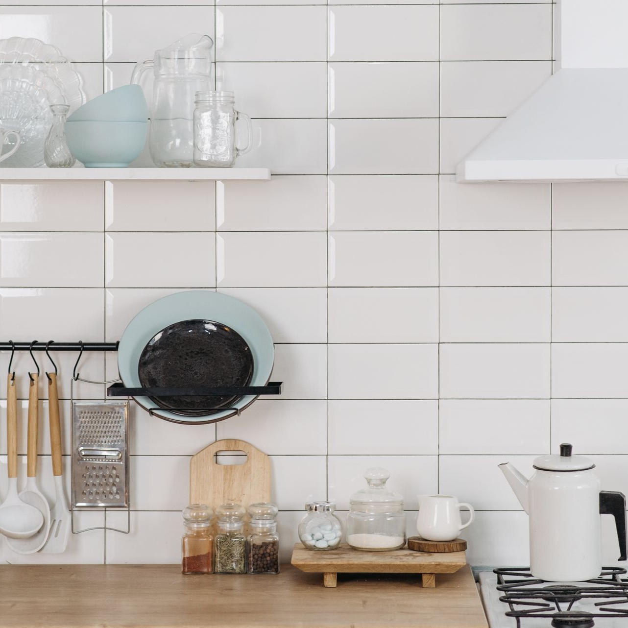 Efficient Kitchen Setup Organized kitchen counter with utensils, spices, and cookware
