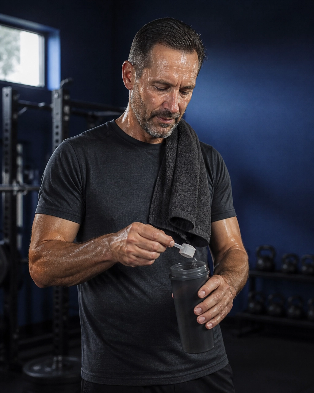 Post-Workout Protein Shake Preparation Man in gym adding protein powder to a shaker bottle after workout