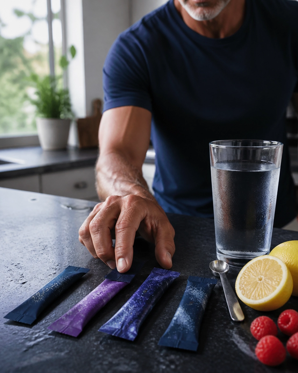 Choosing a Supplement Packet Man in a kitchen selects a supplement packet next to a glass of water and fruit.