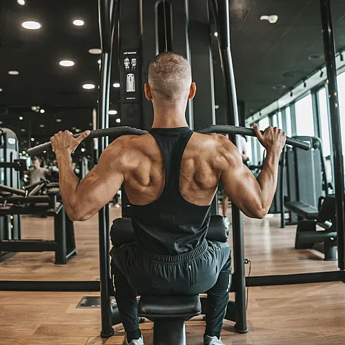 Man performs a lat pulldown exercise in a modern gym.