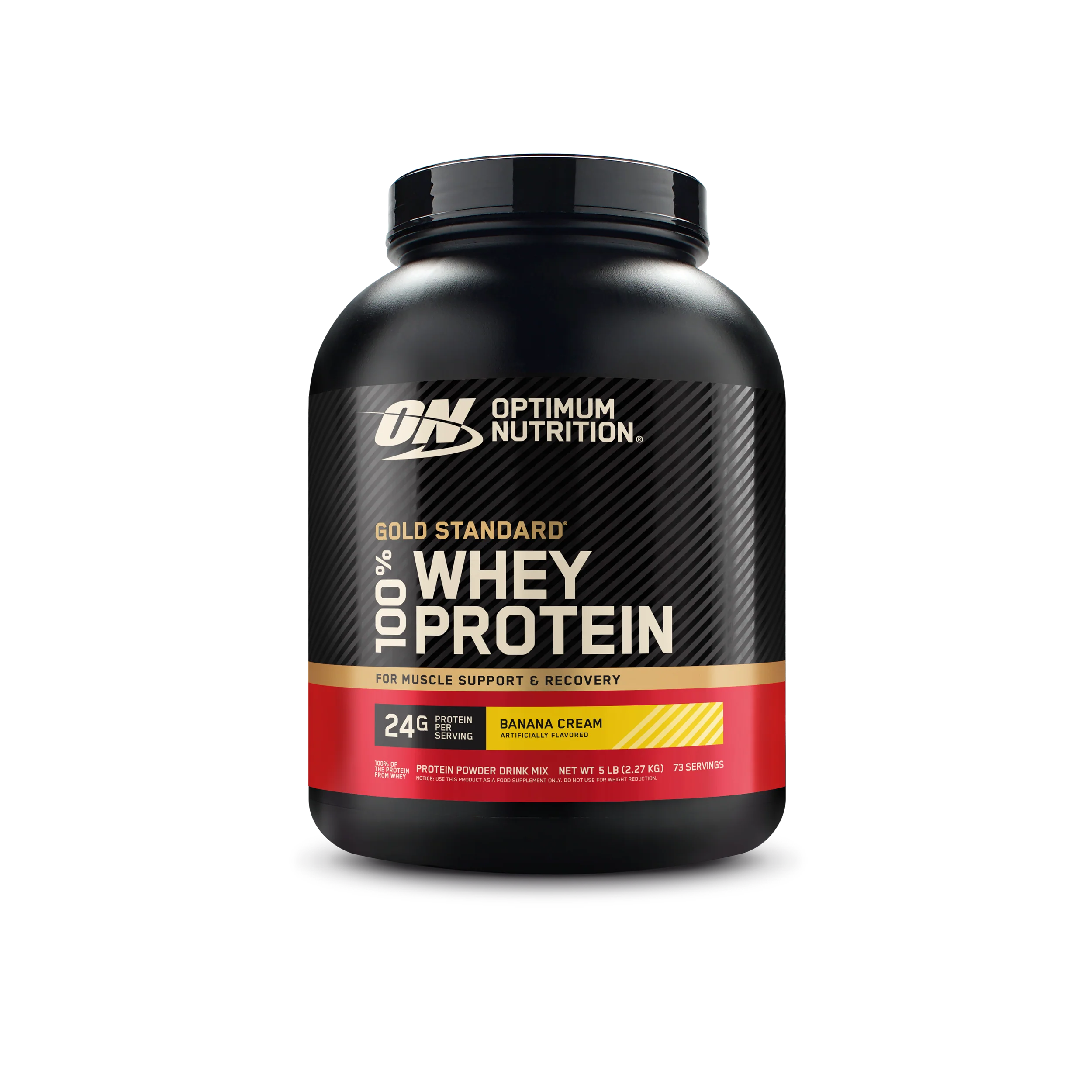 Optimum Nutrition Gold Standard Whey Protein in banana cream flavor.