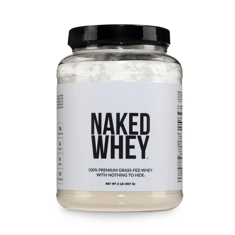 A jar of unflavored whey protein powder isolate with a black lid.