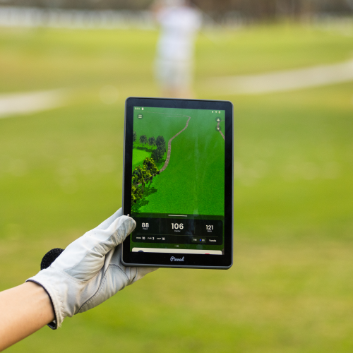 The Caddie GPS Tablet Displaying Course Map Bright screen of The Caddie on a golf course