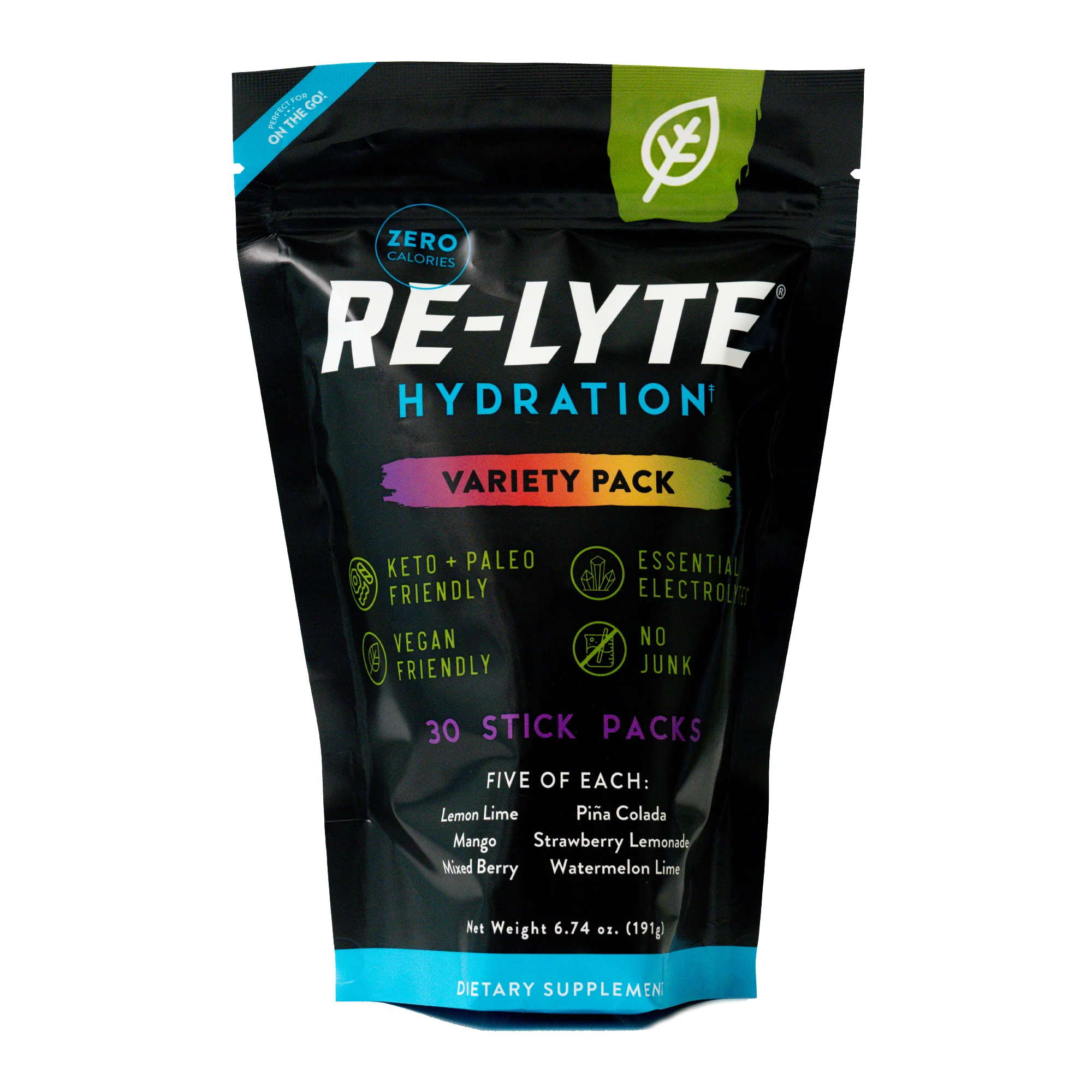 Re-Lyte Hydration variety pack with 30 stick packs displayed.