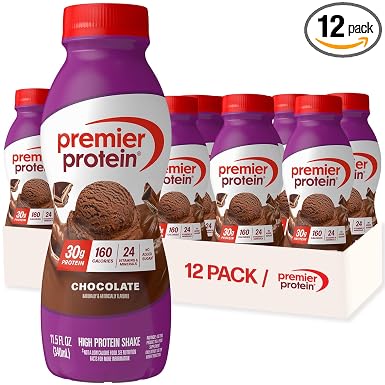 Premier Protein chocolate shake bottles are displayed in a 12-pack box.